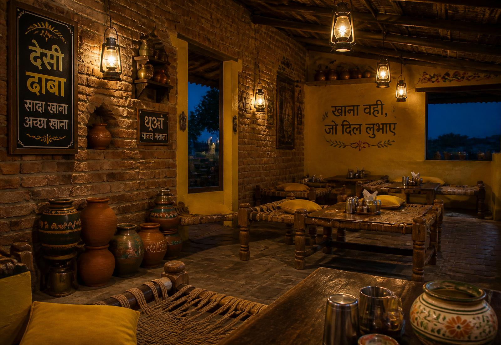 Dhaba interior with brick walls and lanterns